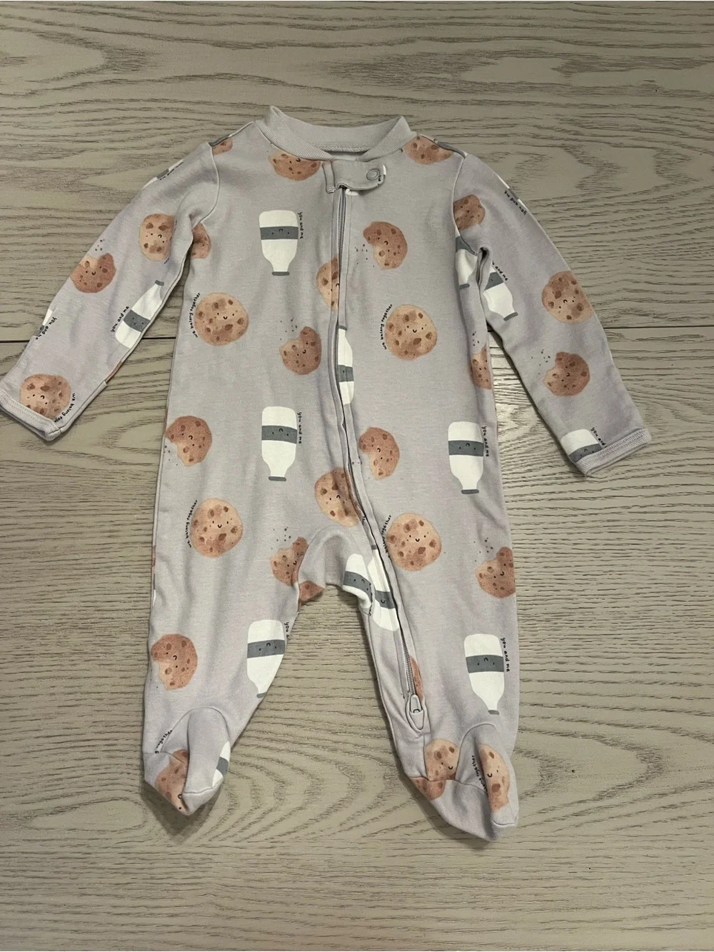 Milk & Cookie Print Baby Footed One-Piece - Light Gray